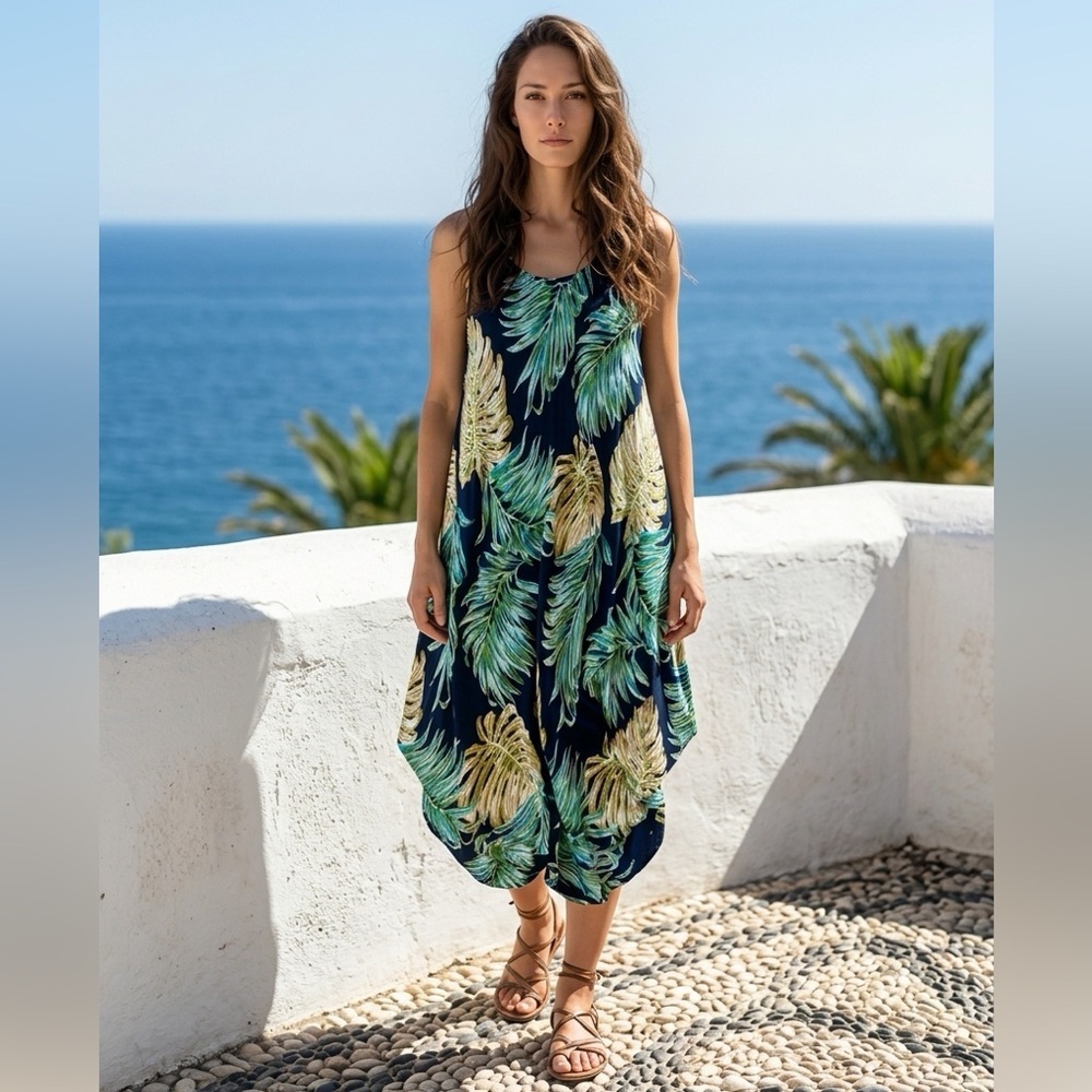 Jessica Taylor coastal boho dress with a tropical leaf pattern